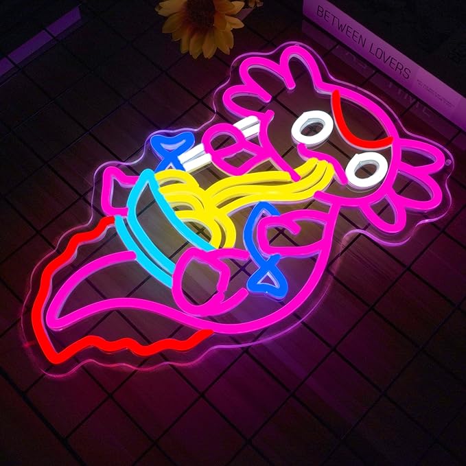Axolotl Ramen Neon Sign for Wall Decor Dimmable Axolotl Eating Noodles LED Neon Light Cut Japanese Neon Sign Anime Neon Signs for Japan Restaurant, Home Wall Art and Kitchen Decor(15.7 * 9.7inch)