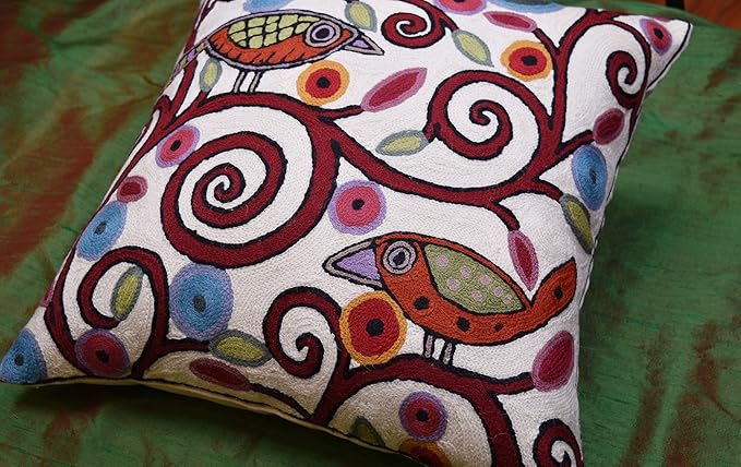 Cream Tree of Life Pillow Cover Birds White Floral Pillowcase Flower Accent Botanical Pillowsham Suzani Cushions Modern Plant Floral Cushion Hand Embroidered Wool Size 18x18