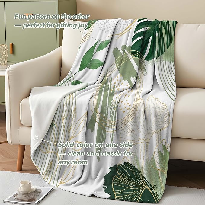 Sage Green Leaf Throw Blanket Mid-Century Green and Gold Boho Flannel Blankets for Couch Bed Living Room Sofa, Decorative Patterned Super Soft Cozy, 50x60 in
