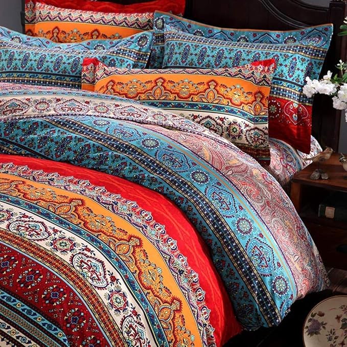 ABREEZE 3Pcs Bohemia Retro Bedding Ethnic Vintage Floral Duvet Cover Boho Bedding 100% Brushed Cotton Bedding Sets Damask Paisley Coloful Mandala Down Comforter Cover,Cal.King