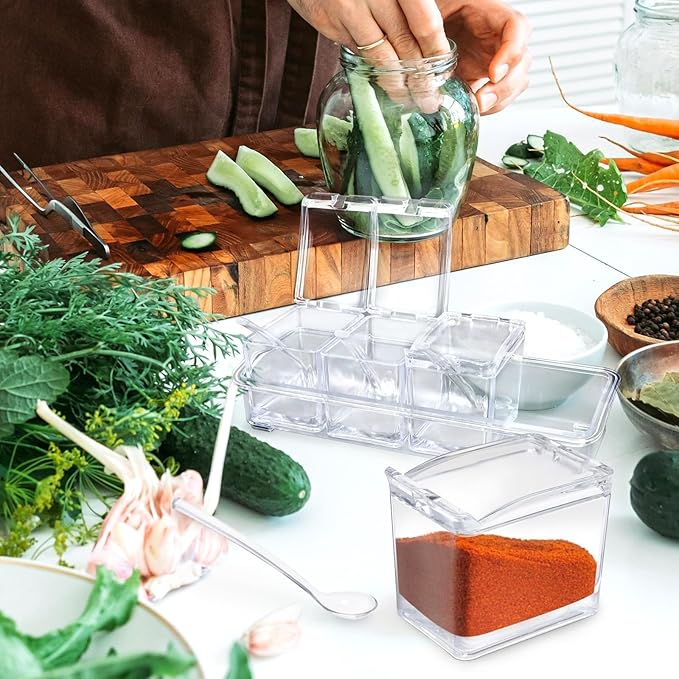 4-Cell Clear Seasoning Rack Spice Box, Storage Container Condiment Jars Acrylic Seasoning Box with Cover and Spoon (Enhanced Version Clear)