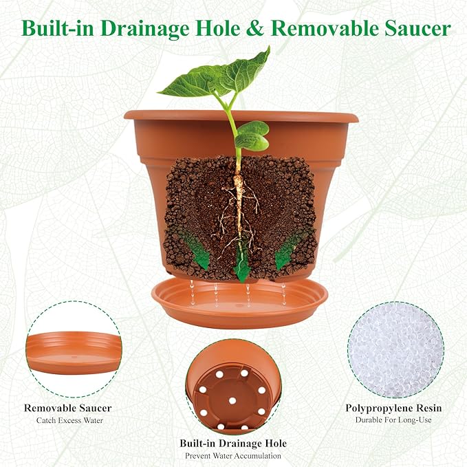 6 Inch Plastic-Flower Pot-for-Indoor Plants, 6 Pack Outdoor Plant Pots with Drainage Holes & Saucers, Resin Garden Pots Planters