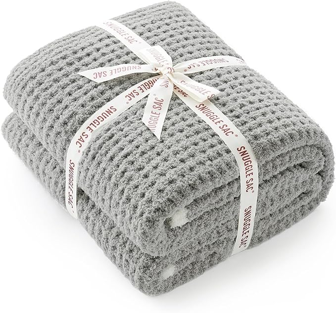 Snuggle Sac Ultra Soft Waffle Throw Blanket for Couch Bed Sofa 50x60 inches, Reversible Grey Blanket Microfiber Fluffy Fuzzy Cozy Knit Throws for Women Mothers Birthday Gifts