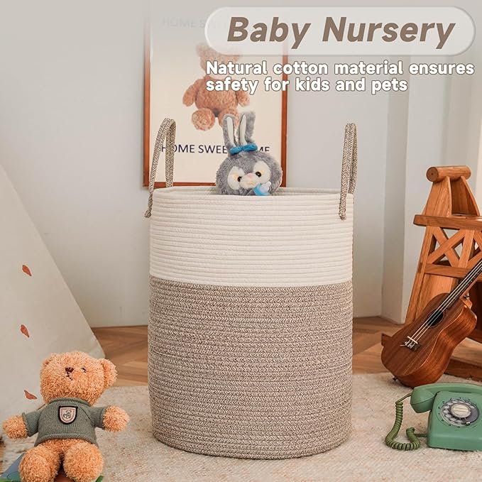 Large Woven Laundry Basket Hamper,60L Cotton Rope Storage Bin for Blankets,Toys and Clothes,Decorative Tall Nursery Hamper for Living Room,Baby Nursery,Bathroom and Bedroom,Brown