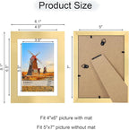 5x7 Picture Frame Set of 4, 5 x 7 Wood Photo Frames with Mat for 4x6, Wooden Frame with Real Glass Cover for Wall and Tabletop Display,Gold