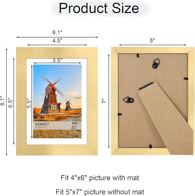 5x7 Picture Frame Set of 4, 5 x 7 Wood Photo Frames with Mat for 4x6, Wooden Frame with Real Glass Cover for Wall and Tabletop Display,Gold