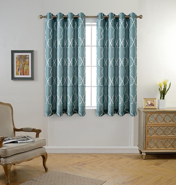 MIUCO Moroccan Embroidered Semi Sheer Curtains Faux Linen Grommet Window Panel Pair for Bedroom 52 x 63 Inch, Teal