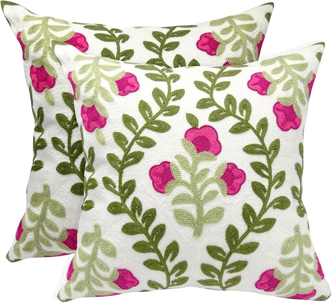 Alysheer Summer Decorative Throw Pillow Covers 18"x 18" Set of 2, Floral Embroidered Farmhouse Hot Pink Flowers Green Vine Patterned Cotton Canvas Cushion Case for Sofa Couch Bed Living Room Decor