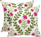 Alysheer Floral Embroidered Summer Decorative Throw Pillow Covers 20"x 20" Set of 2, Farmhouse Cottage Hot Pink Flowers Green Leaves Knit Pattern Cotton Canvas Cushion Case for Couch Bed Living Room