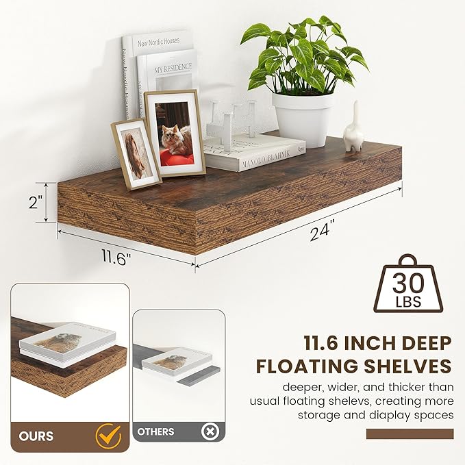 Deep Floating Shelves for Wall | 24 Inch Wide x 12 Inch Deep Floating Shelves | 24W x 12D Rustic Wood Wide Wall Shelves | Bookshelf Laundry Shelf TV Shelf