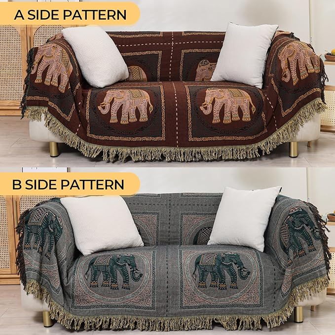 Boho Throw Blanket for Bed with Tassels,100% Cotton Ultra Soft and Cozy Large Blanket Elephant Printed Farmhouse Decor Bed Blankets,60"×80" All Season Rustic Throw for Sofa Couch Chair-Brown