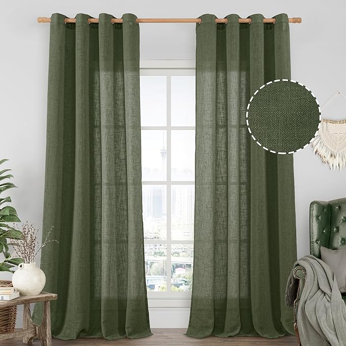 LAMIT Olive Green Sheer Linen Curtains 84 Inches Long for Living Room, Light Filtering Christmas Window Treatments Semi Sheer Neutral Drapes with Bronze Grommet for Bedroom, 52 x 84 Inch, 2 Panels Set