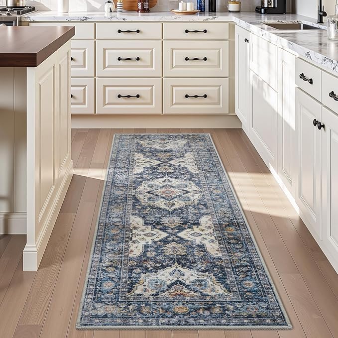 AMOAMI-2X6 Runner Rug-Washable Runners for Hallways-Soft Non Slip Bedside Rugs for Bedroom-Vintage Long Rug for Hallways Entryway Laundry Room Stair Kitchen Bathroom Blue