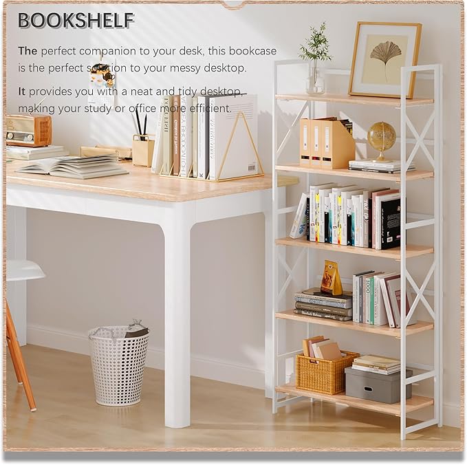 4NM 5 Tiers No Assembly Book Shelves, 51.2" H Folding Bookshelf Bookcase Open Industrial Foldable Shelves for Bedroom, Living Room, Home Office - Natural White