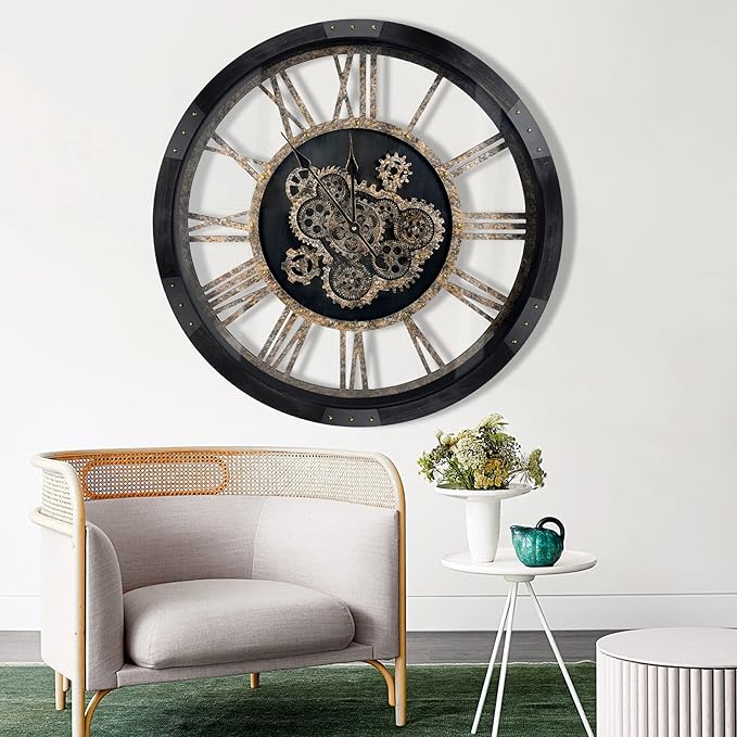 DORBOKER 36" Extra Large Wall Clock with Moving Gears, Oversized Giant Industrial Steampunk Rustic Clocks for Wall Decor Living Room Home Office, Solid Wood Vintage Black and Bronze Gears
