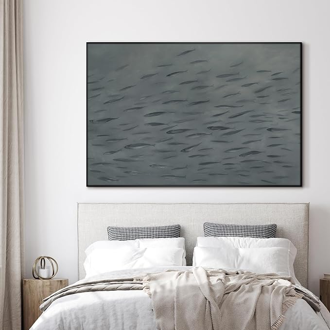 SIGNWIN 46"x72" Extra Large Framed Wall Art Gray School of Fish Minimalist Ocean-Inspired Marine Life Illustration for Home Living Room Bedroom Decor (Frame Assembly Required)