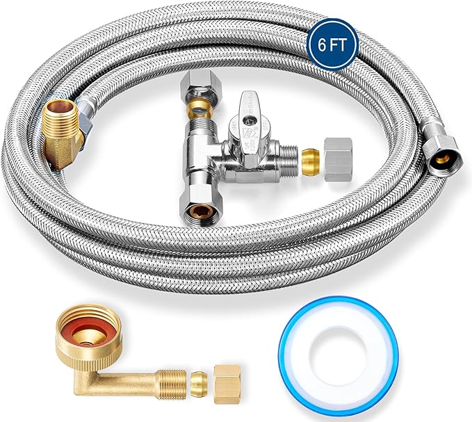 Dishwasher Installation Kit - 6 FT Stainless Steel Braided Dishwasher Hose kit,Food Grade PEX Inner Tube Water Line with 3/8"x 3/8"x 3/8" Tee Stop Valve,3/8"x 3/8"MIP Elbow,3/8"x 3/4"FHT Elbow