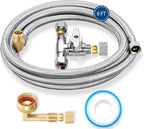 Dishwasher Installation Kit - 6 FT Stainless Steel Braided Dishwasher Hose kit,Food Grade PEX Inner Tube Water Line with 3/8"x 3/8"x 3/8" Tee Stop Valve,3/8"x 3/8"MIP Elbow,3/8"x 3/4"FHT Elbow