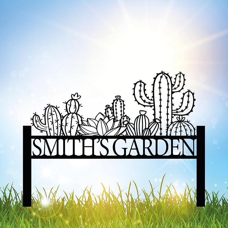 Personalized Cactus Metal Garden Sign, Large Garden Decoration Metal Sign with Stakes, Custom Gardener Family Name Sign, Cactus Decor for Outdoor, Patio Decorative, Yard Art, New Home Gift