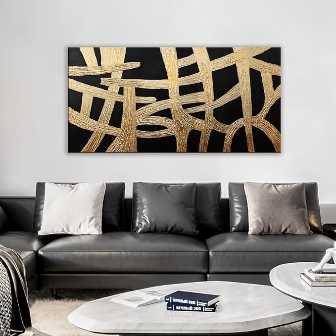 Abstract Wall Art Paintings Canvas Wall Art Decor Black And Gold Lines Artwork for Walls Texture Wall Decorations Modern Minimalist Wall Art Living Room Decor For Room Bedroom Office Wall Decor 24"X48"
