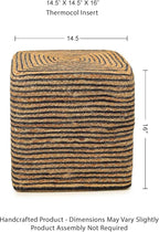 REDEARTH · Cube Pouf Foot Stool Ottoman - Jute Braided Pouffe Poof Accent Sitting Footrest for The Living Room, Bedroom, Nursery, Patio, Lounge 50% Jute 50% Cotton (14.5”x14.5”x16”; Natural Black)