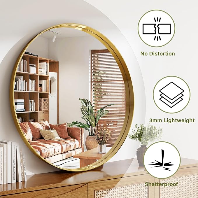 48 Inch Round Bathroom Mirror - Wall Mounted Circle Mirror with Metal Frame, Modern Mirror Suitable for Bathroom, Vanity, Entryway, Living Room, Wall Decor,Gold