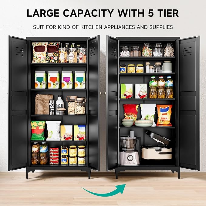 Metal Storage Cabinet with Doors and Shelves,Black Storage Cabinet with Leg,Metal Pantry Cabinets,Ventilated Pantry Closet,Tall Large Cupboard for Home,Kitchen,Dining/Living/Laundry Room