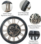 DORBOKER 24" Large Wall Clock with Moving Gears,Oversize Vintage Industrial Rustic Farmhouse Clocks for Living Room Decor Office Home,Solid Wood HD Tempered Glass Cover,Vintage Black