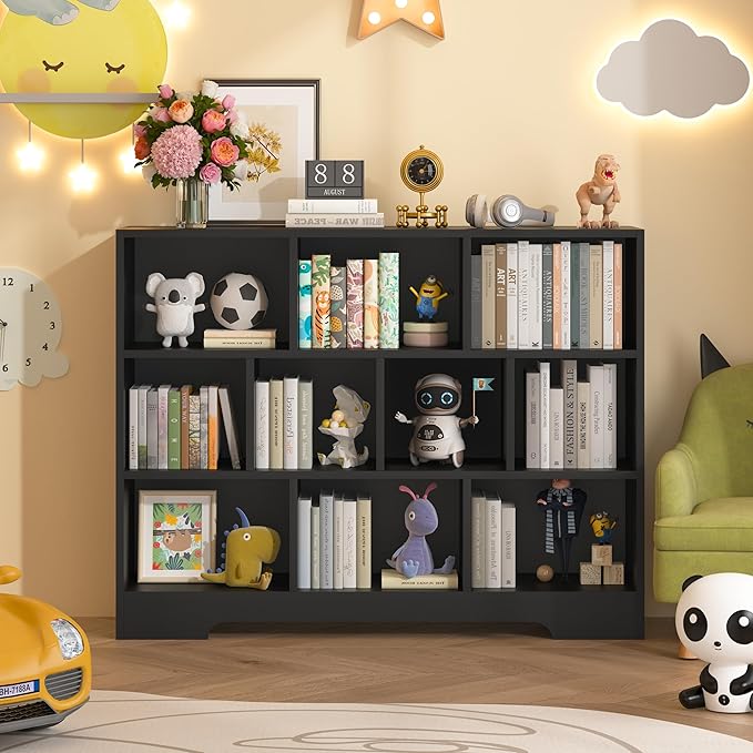 Book Shelf, 10 Cubes Storage Organizer, 3-Tier Open Shelf Wooden Bookcase, Freestanding Balck Bookshelf Cube Shelf for Bedroom, Living Room, Home Office