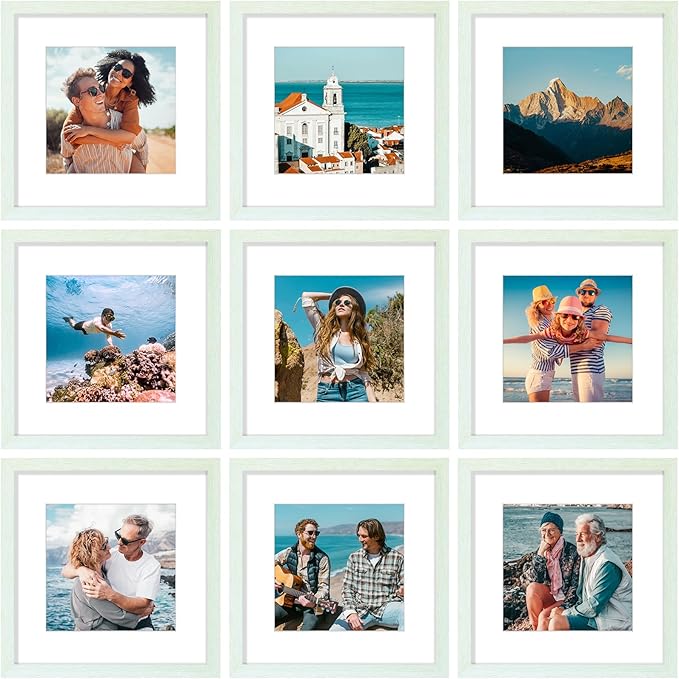 Vittanly 12x12 Picture Frames Set of 9, Shatter Resistant Plexiglass, Display 8x8 Pictures with Mat or 12x12 without Mat, Photo Frames for Wall Mount, Engineered Wood, Vintage Green