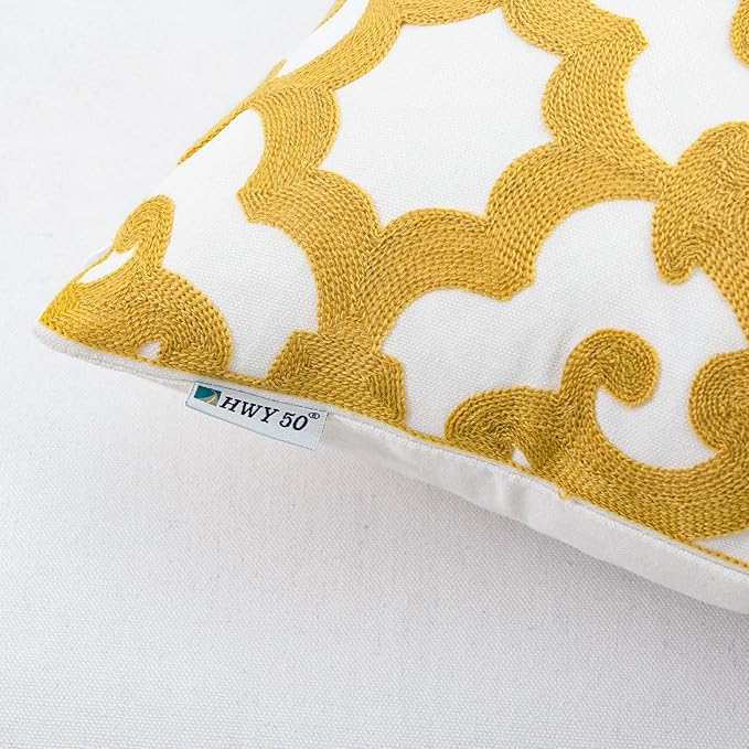 HWY 50 Mustard Yellow Decorative Throw Pillow Covers 18x18 Inch (1 Piece), Embroidered Cotton Farmhouse Cushion Cover Pillow Case for Sofa Couch Living Room Bed, Geometric