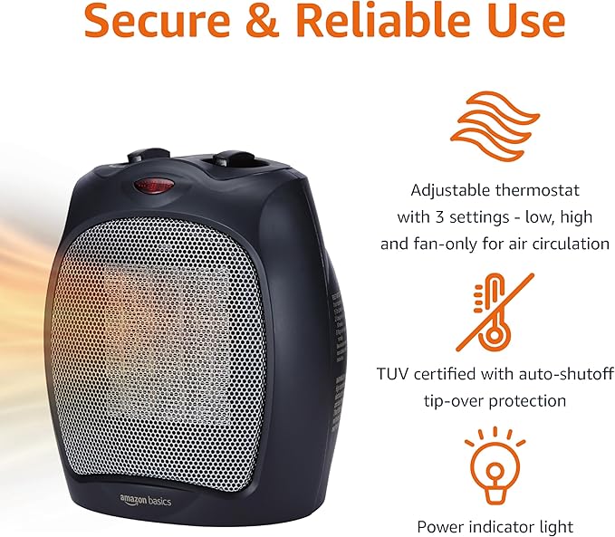 Amazon Basics Ceramic Space Heater, Portable Indoor Heating Solution, With Overheat and Tip-Over Protection, Thermostat, Non-Oscillating, 1500W, 7.52"D x 6.34"W x 9.45"H, Black