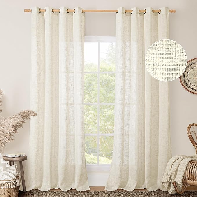 LAMIT Natural Ivory Linen Semi Sheer Curtains 84 inch Length, Cream Light Filtering Soft Thick Neutral Living Room Drapes with Bronze Grommet for Bedroom/Farmhouse, 2 Panels, 52 x 84 Inch