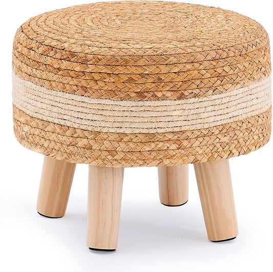 Handwoven Round Ottoman, Natural Water Hyacinth Outdoor Patio Pouf Seagrass Low Stool with Wood Legs, Soft Padded Footrest for Living Room Bedroom Garden, White