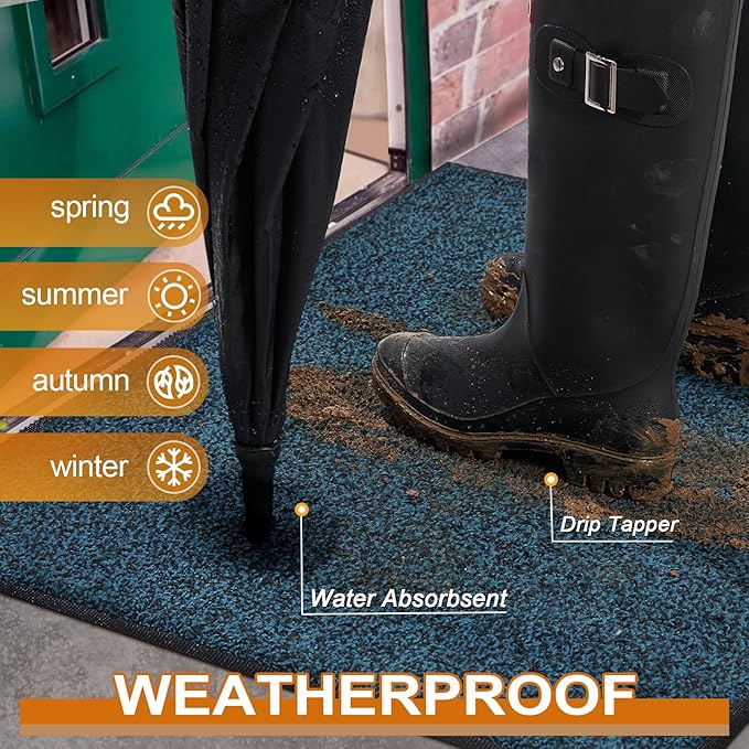 Mibao Front Door Mat, Dirt Trapper Welcome Mat for Outdoor Indoor, Non-Slip Waterproof Doormat, Durable Machine Washable Low Profile Entry Rug for Back Door Outside Patio Porch, 30" x 18", Blue