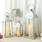 TRIROCKS Set of 3 Stainless Steel Candle Lanterns 20.5''&16''&12''H Decorative Candle Holders with Tempered Glass for Indoor Outdoor Porch Parities and Wedding(Silver)