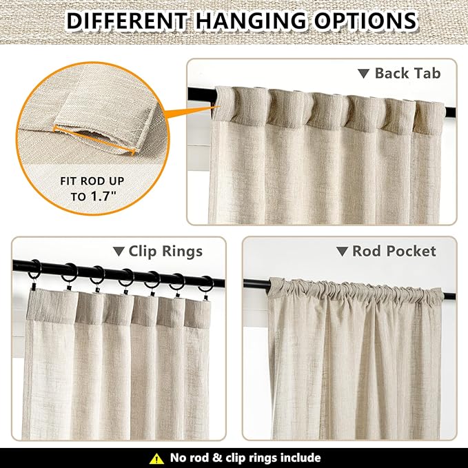 MYSKY HOME Boho Curtains Farmhouse Living Room Curtain Drapes, Light Filtering Semi Soft Cotton Blend Sheer Window Treatments for Sliding Glass Door Doorways, 50" x 90", Light Oatmeal, Set of 2