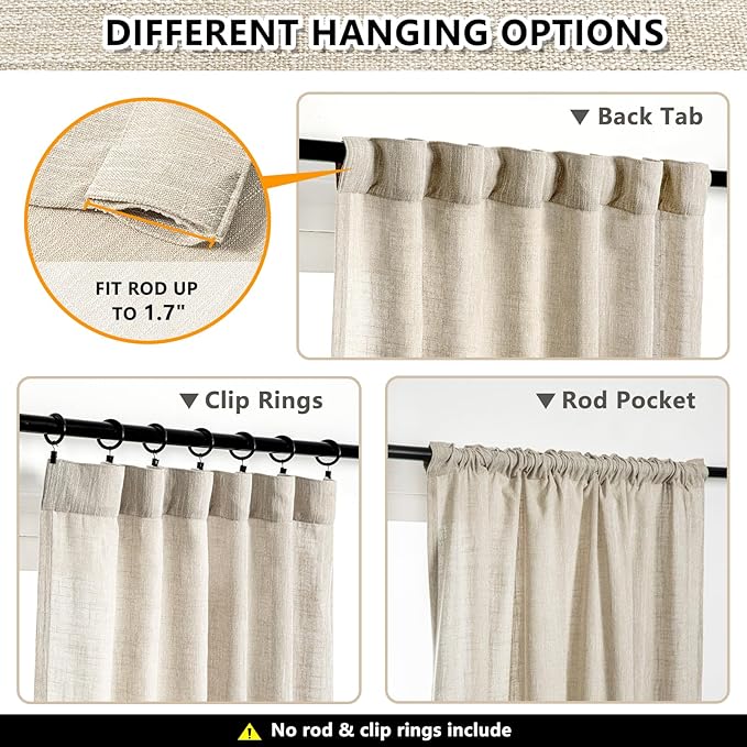 MYSKY HOME Ceiling Curtains for Living Room, Soft Cotton Curtain Polyester Blend Semi Sheers Light Filtering Window Treatments Decor Back Tab Top Panel, 50" x 95", Light Oatmeal, 2 PCs