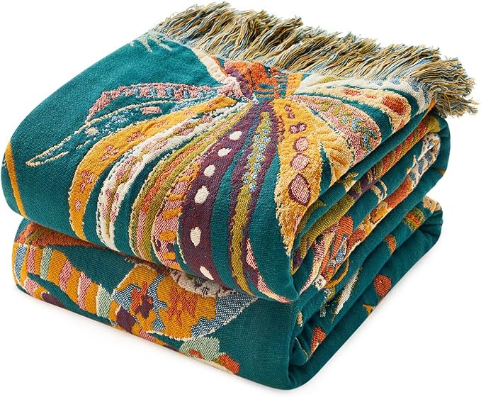 MSGKV Boho Throw Blanket for Couch Bed Chair 100% Cotton Muslin Breathable Embroidery Blanket 50"x60" Sofa Blankets for All Seasons Lightweight Farmhouse Blankets Boho Home Decor