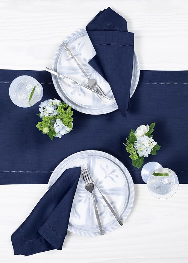 Solino Home Linen Navy Table Runner 48 Inches - Classic Hemstitch, 100% Pure Linen Coffee Table Runner 14 x 48 Inch Ideal for Dresser Tables - Fall, Autumn, Halloween, Thanksgiving