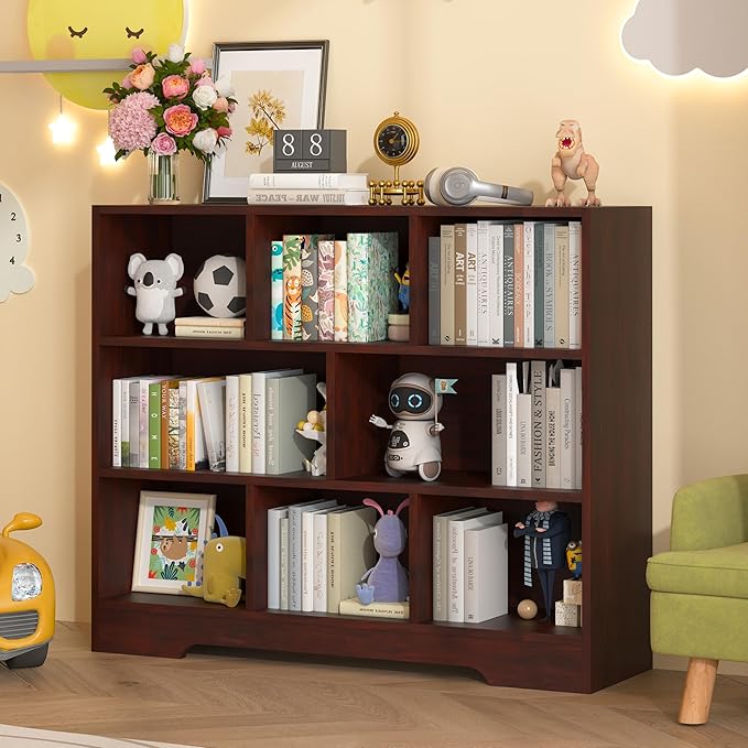 Book Shelf Set of 2, 8 Cubes Storage Organizer, 3-Tier Open Shelf Wooden Bookcase, Freestanding Cherry Bookshelf Cube Shelf for Bedroom, Living Room, Home Office