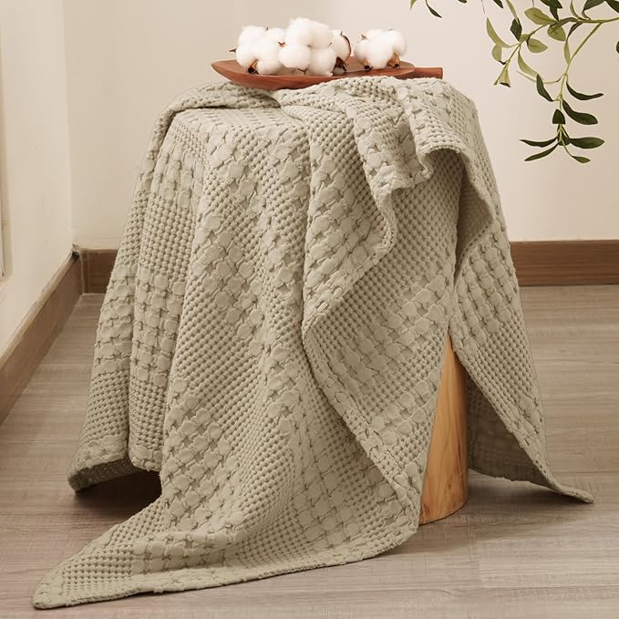 PHF 100% Cotton Waffle Weave Throw Blanket, Soft Lightweight Breathable Cozy Summer Throws for Couch Bed Sofa, Luxury Aesthetic Woven Blanket for Home Decor & Office, 50"x60", Khaki