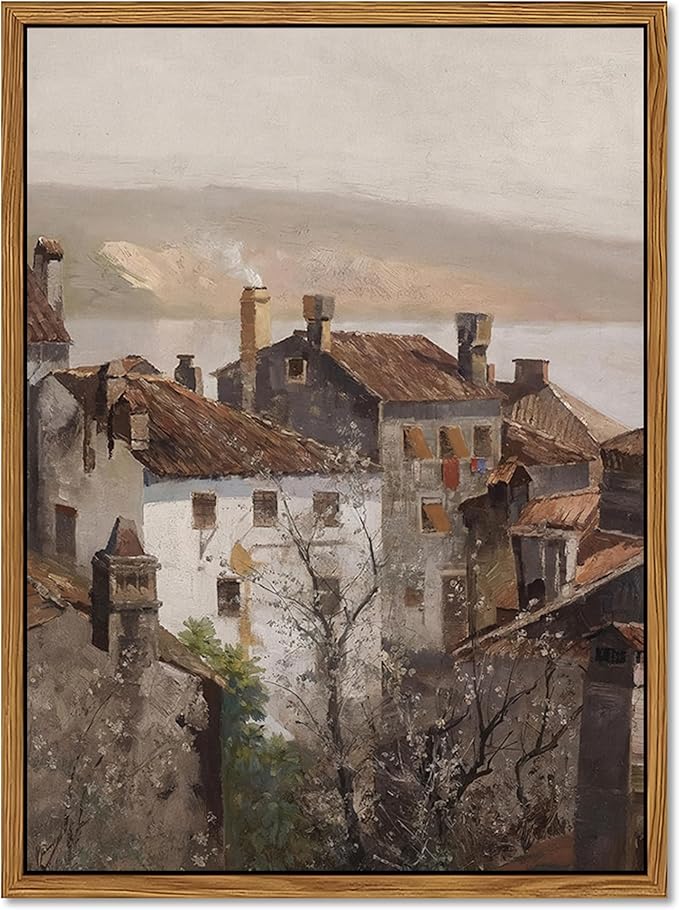 Floating Framed Vintage Canvas Wall Art, European Country Towns Wall Decor Oil Paintings Artwork, Rustic Farmhouse Posters Prints Pictures for Living Room Hallway Bedroom 8x10 inch