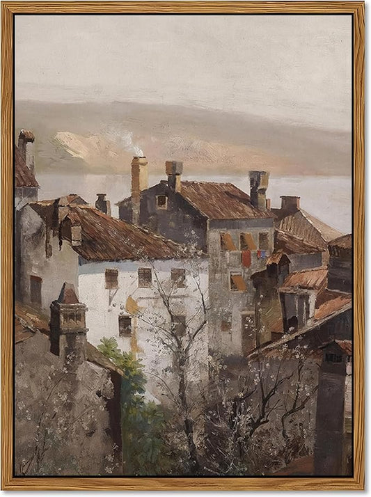 Floating Framed Vintage Canvas Wall Art, European Country Towns Wall Decor Oil Paintings Artwork, Rustic Farmhouse Posters Prints Pictures for Living Room Hallway Bedroom 16x24 inch