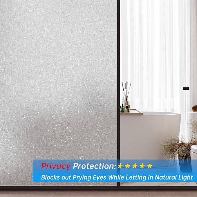 Frosted Glass Window Privacy Film Decorative, Bathroom Privacy Film for Glass Windows Cover, Static Cling, Removable, Reusable, Anti-UV, Anti-Glare, Heat Blocking, （Flash Point Pure,35.4X157.4Inch）