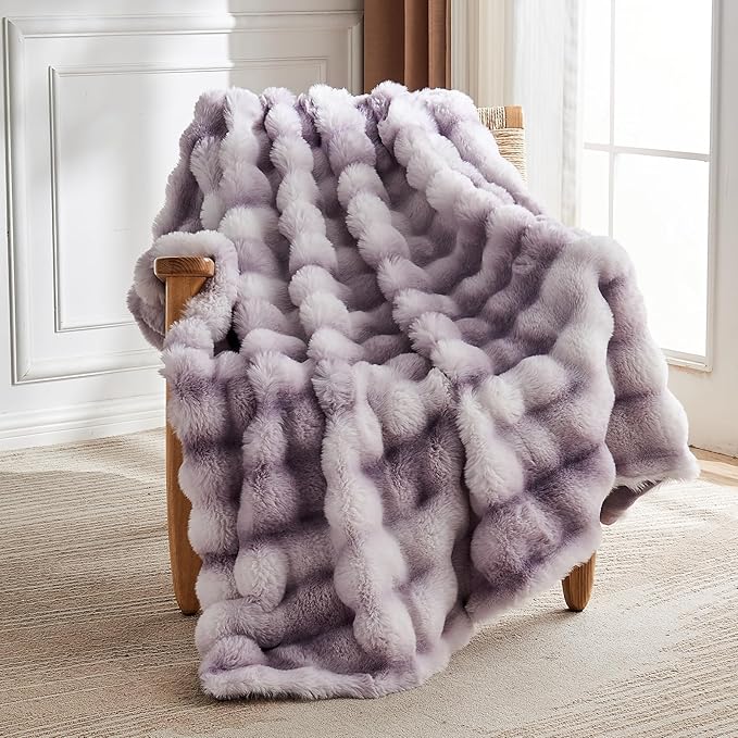 Lotus Karen Faux Fur Throw Blanket Tie-Dye Purple - Big Bubble Rabbit Fluff Blanket for Couch, Large Fluffy Fuzzy Cozy Blanket,Thick Furry Plush Shaggy Blankets,90x90 Inches