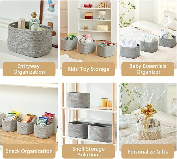 Small Baskets Set of 3-11"x7"x7" Perfect Toy Baskets for Storage, Ideal Storage Basket for Cube, Towels, and More - Basket for Shelves （Grey)