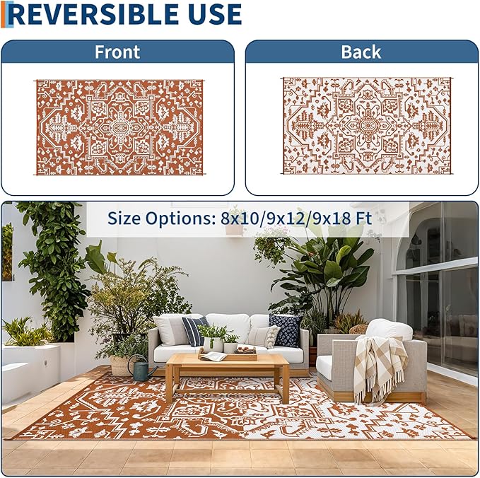 Waterproof Outdoor Rug 9x18 Reversible Plastic Straw Patio Rug, Stain-Resistant Vintage Medallion Carpet, Large Indoor Outdoor RV Mat for Deck, Camping, Balcony, Vintage Terracotta Brick/White