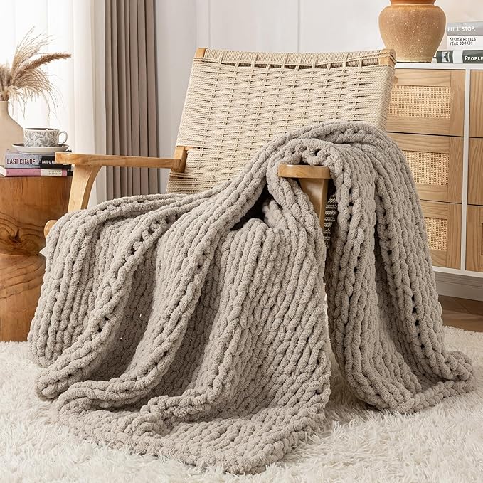 Chunky Knit Blanket Throw, 100% Hand Knit Throw Blanket Handmade Chenille Cable Knit Throw for Couch, Stylish Cozy Soft Rope Knot Crochet Blanket for Home Decor, Beige Linen, 60x80 Inches
