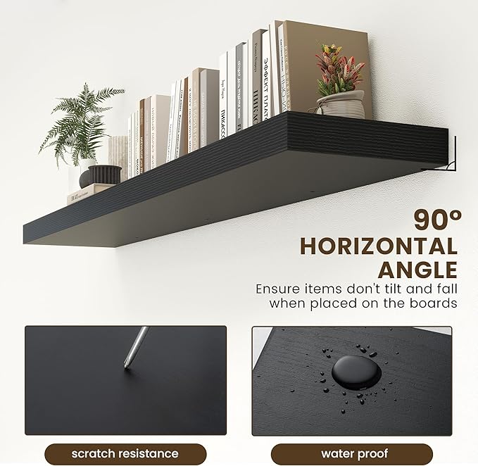 Black Floating Shelves for Wall - 72 Inch Wide x 12 Inch Deep Wall Shelves Set of 1 - Rustic Black Wood Shelves for Living Room, Bathroom, Laundry Room, Bedroom, Kitchen, Home Office